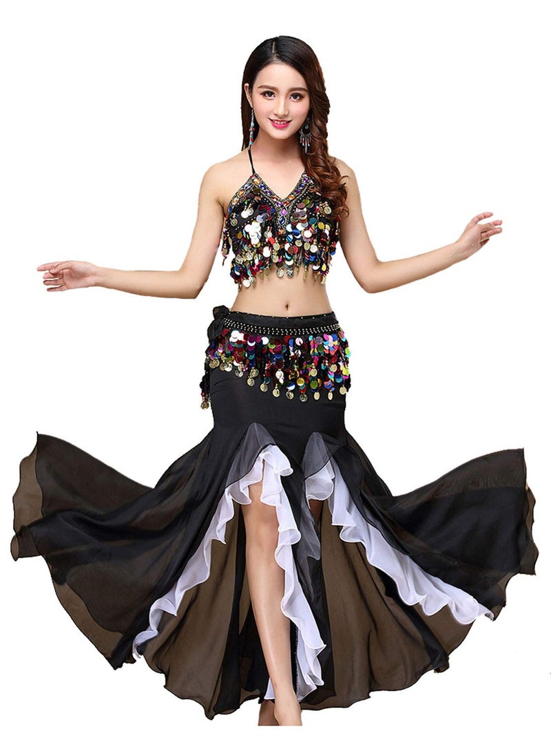 ORIDOOR Women's Belly Dance Dress Belly Dance Crop Top Bra Top and Belt Chiffon Dancing Skirts Costume 3-piece Outfit Black - Image 1